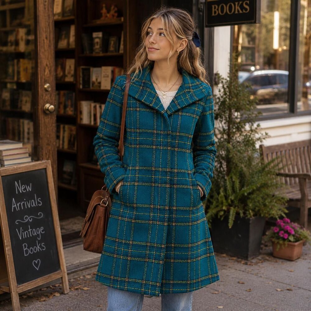 Vintage Y2K Green Plaid Pea Coat Jacket Size 6 M Button Front Preppy Cottagecore